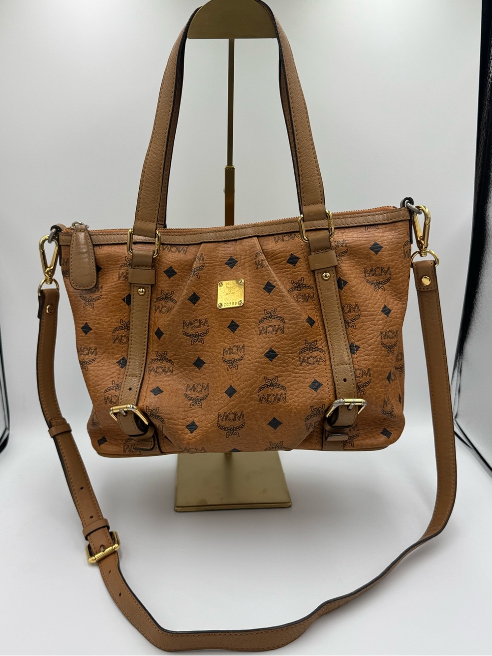MCM Cognac Visetos Logo Buckle Tote with Removable / Adjustable Strap